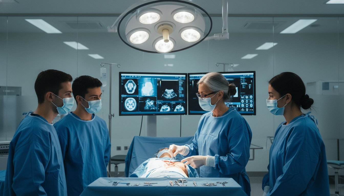 Academic plastic surgeon teaching residents in an operating room Academic plastic surgeon teaching residents in an operating room - US citizen IMG for Academic vs Private Practice for US Cit