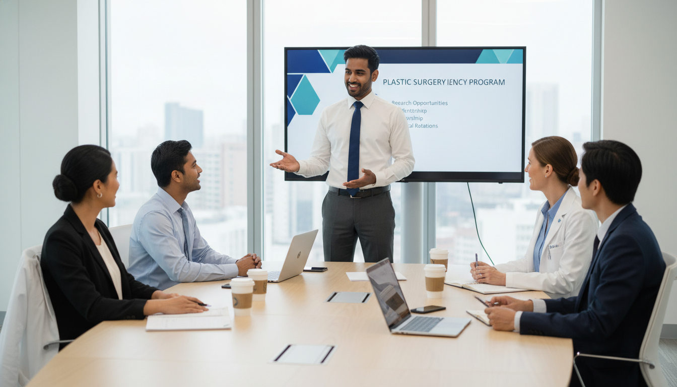 Plastic surgery residency interview panel and US citizen IMG applicant engaged in post-interview discussion Plastic surgery residency interview panel and US citizen IMG applicant engaged in post-interview discussion - US citizen IMG