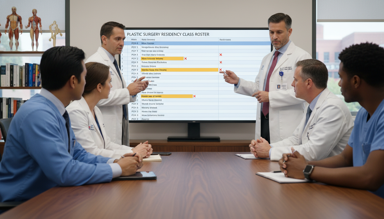 Plastic surgery faculty and residents reviewing a residency class list on a conference room screen Plastic surgery faculty and residents reviewing a residency class list on a conference room screen - US citizen IMG for Resid