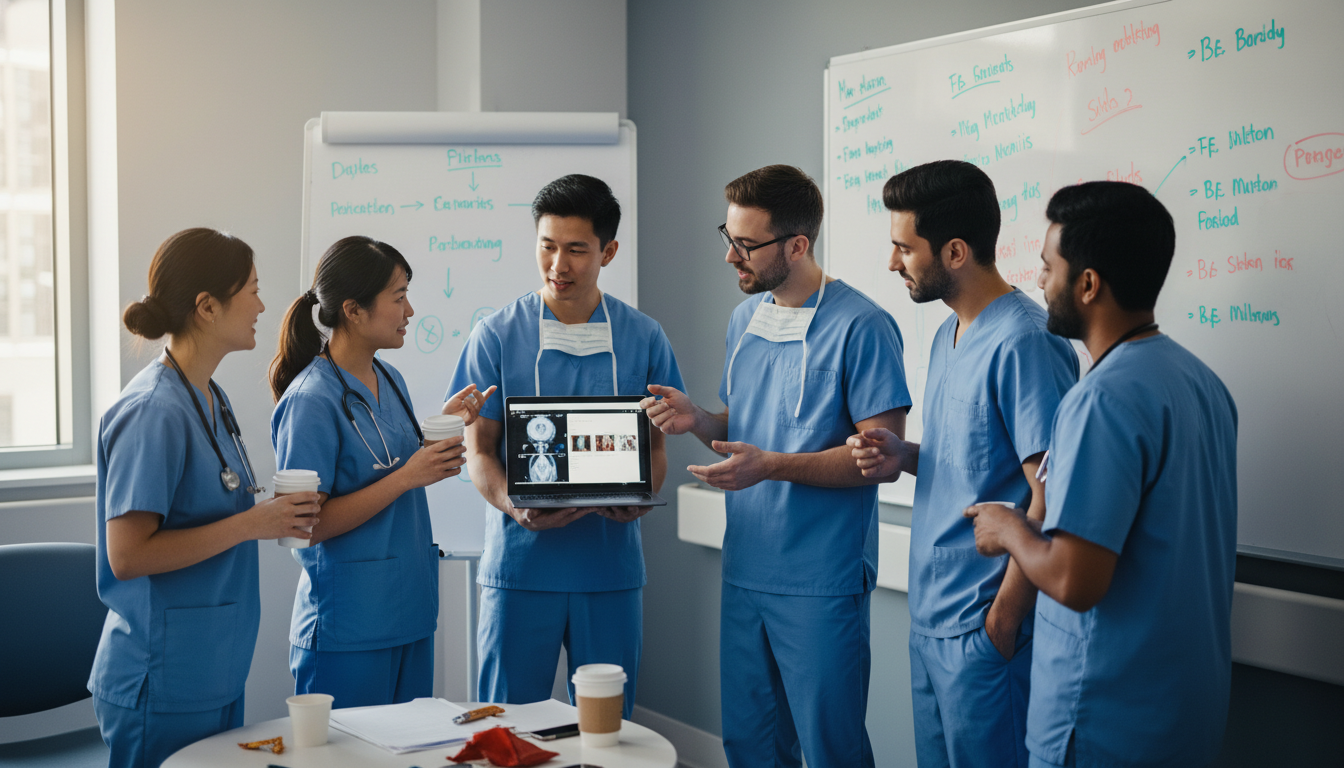 Plastic surgery residents discussing cases while taking a short break Plastic surgery residents discussing cases while taking a short break - US citizen IMG for Work-Life Balance Assessment for U