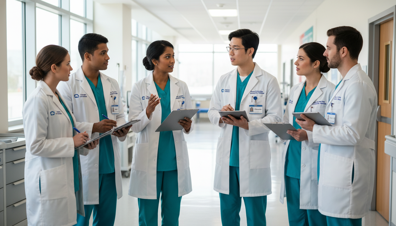 Resident team including prelim and categorical interns discussing on a hospital ward Resident team including prelim and categorical interns discussing on a hospital ward - US citizen IMG for Questions to Ask Pr
