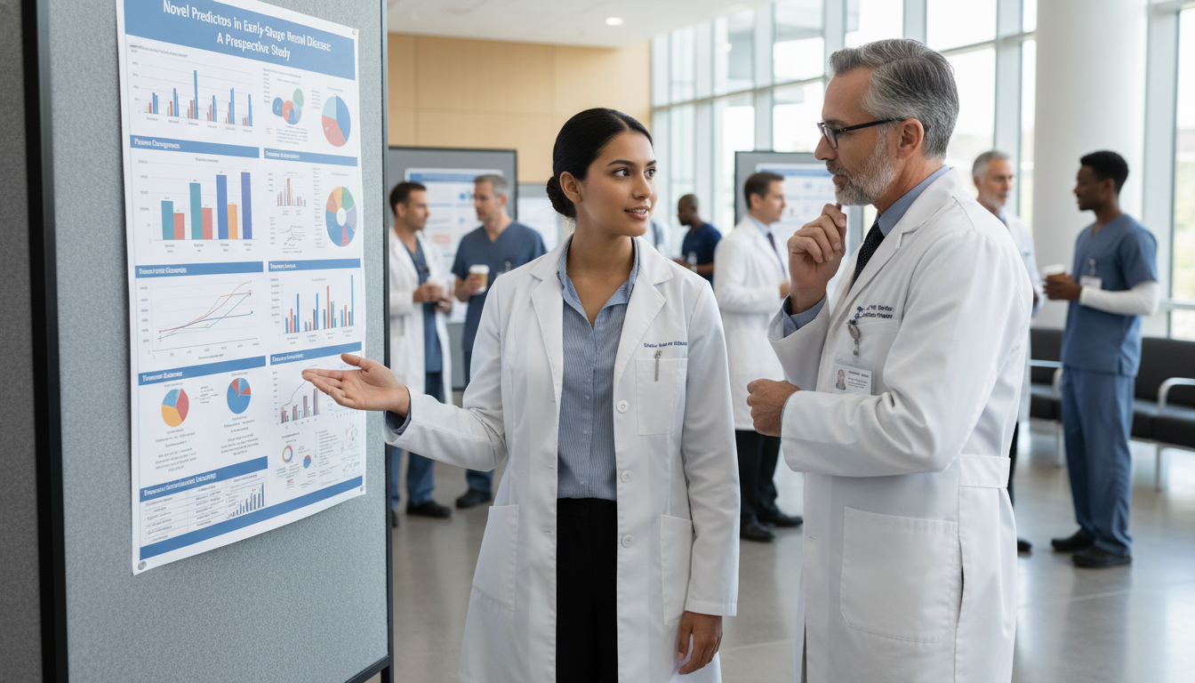 Medical student discussing research poster with mentor - US citizen IMG for Research Profile Building for US Citizen IMG in P