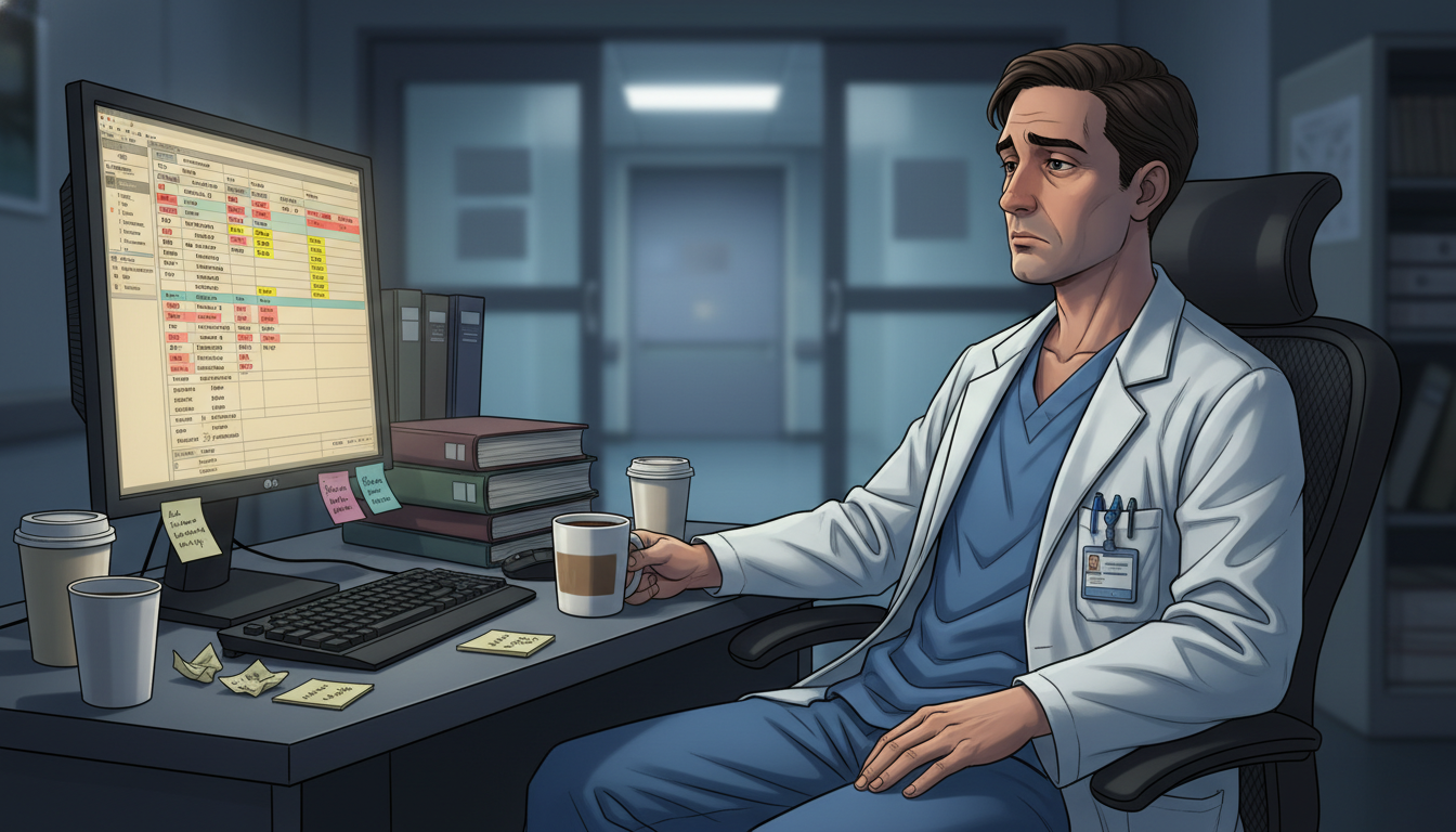 Preliminary medicine resident checking call schedule with visible signs of burnout Preliminary medicine resident checking call schedule with visible signs of burnout - US citizen IMG for Resident Turnover War