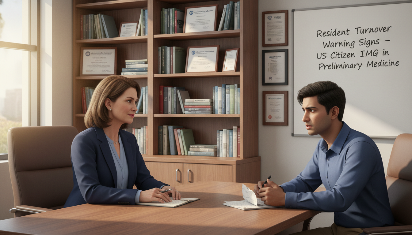 Program director meeting with worried preliminary medicine resident in office Program director meeting with worried preliminary medicine resident in office - US citizen IMG for Resident Turnover Warning