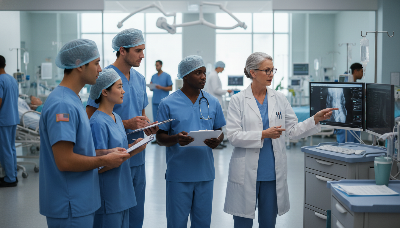 Preliminary surgery residents in team discussion during morning rounds - US citizen IMG for Common Interview Questions for US