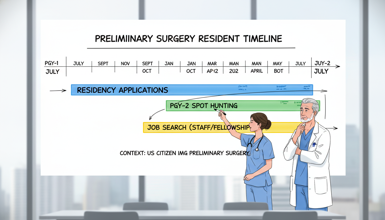 Timeline of preliminary surgery year with overlapping job search phases - US citizen IMG for Job Search Timing for US Citizen