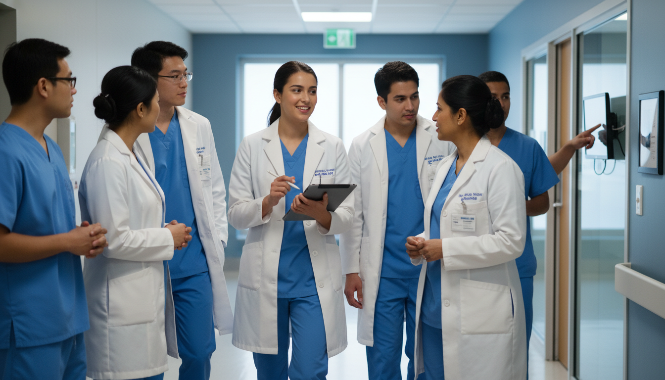 US citizen IMG medical student rounding with a surgery team in a hospital hallway - US citizen IMG for Letters of Recommendat