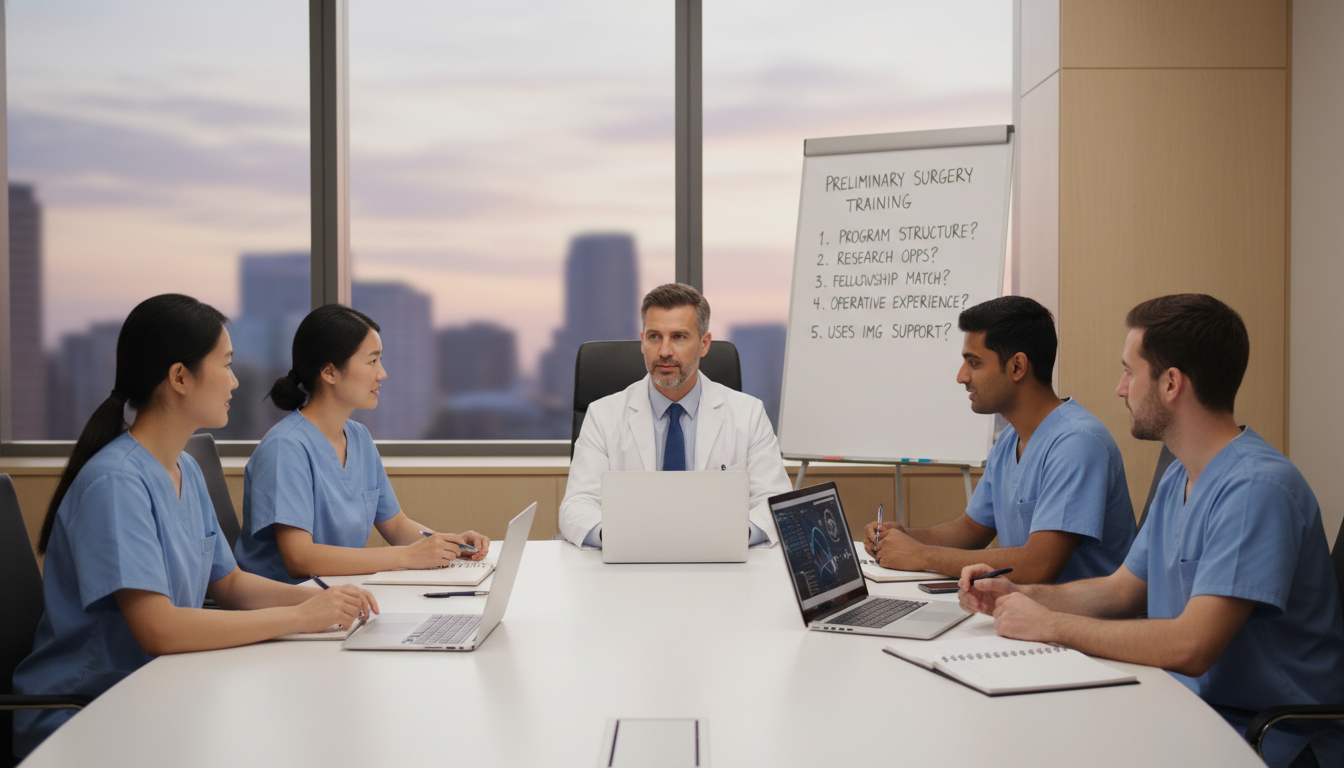 Surgical residents and program director in a meeting discussing training and program structure Surgical residents and program director in a meeting discussing training and program structure - US citizen IMG for Questions