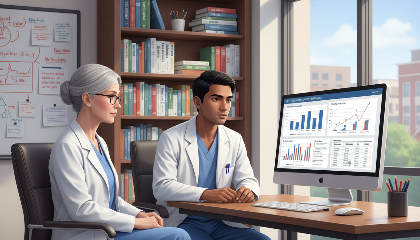 Surgical resident reviewing data with research mentor - US citizen IMG for Research During Residency for US Citizen IMG in Pr