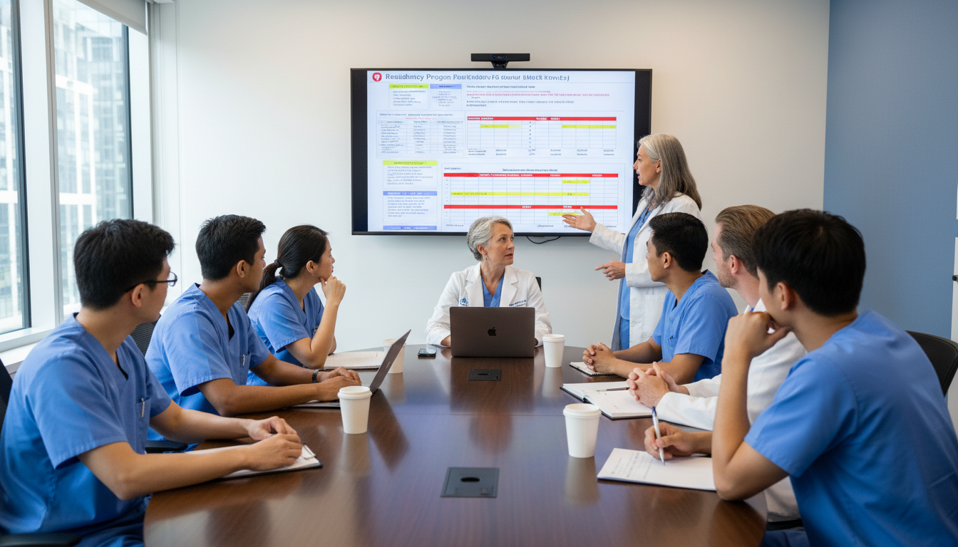 Surgery residents in conference room during residency program orientation Surgery residents in conference room during residency program orientation - US citizen IMG for Resident Turnover Warning Sign