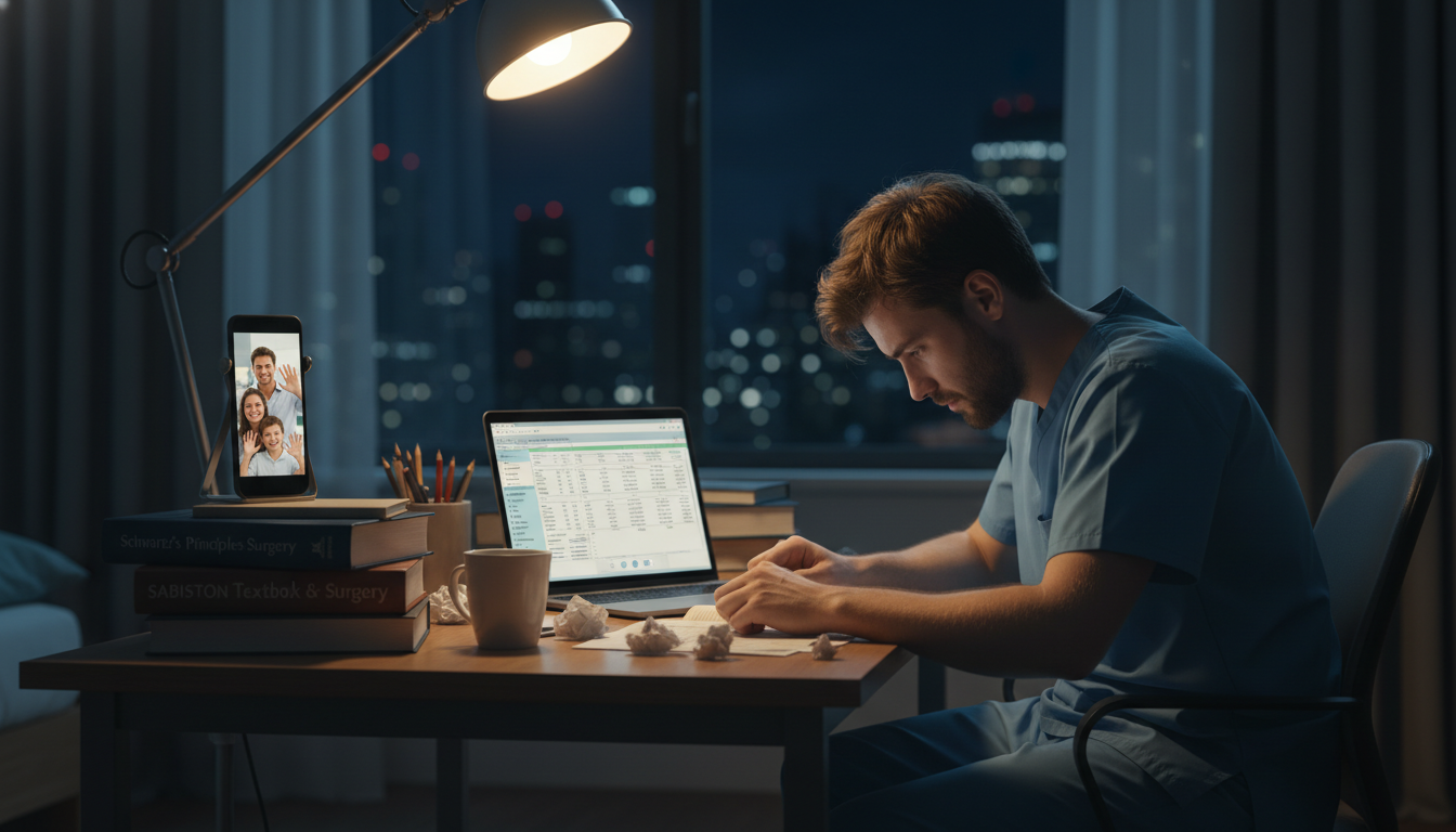 Resident studying at night while balancing personal life Resident studying at night while balancing personal life - US citizen IMG for Work-Life Balance Assessment for US Citizen IMG