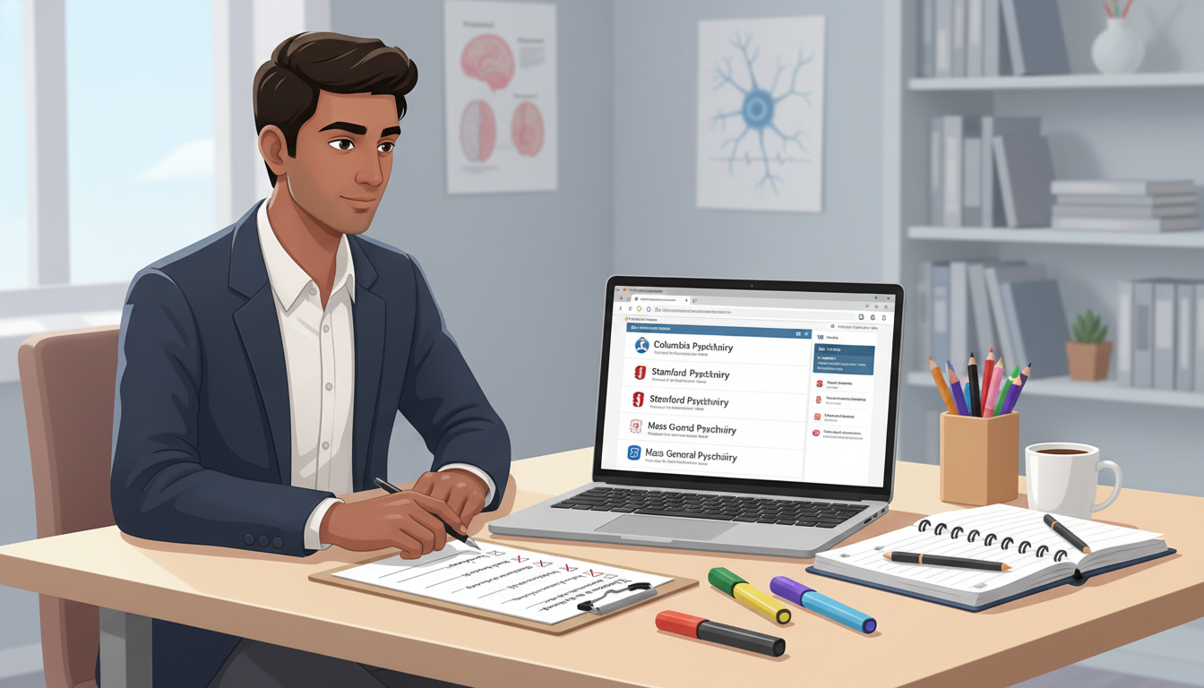 Medical student reviewing psychiatry residency program options on a laptop Medical student reviewing psychiatry residency program options on a laptop - US citizen IMG for Away Rotation Strategy for US