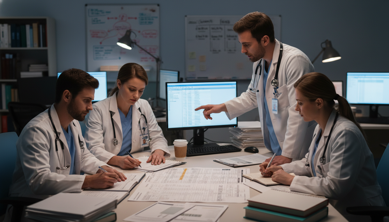 Psychiatry residents on call in a hospital discussing cases and workload Psychiatry residents on call in a hospital discussing cases and workload - US citizen IMG for Identifying Malignant Programs