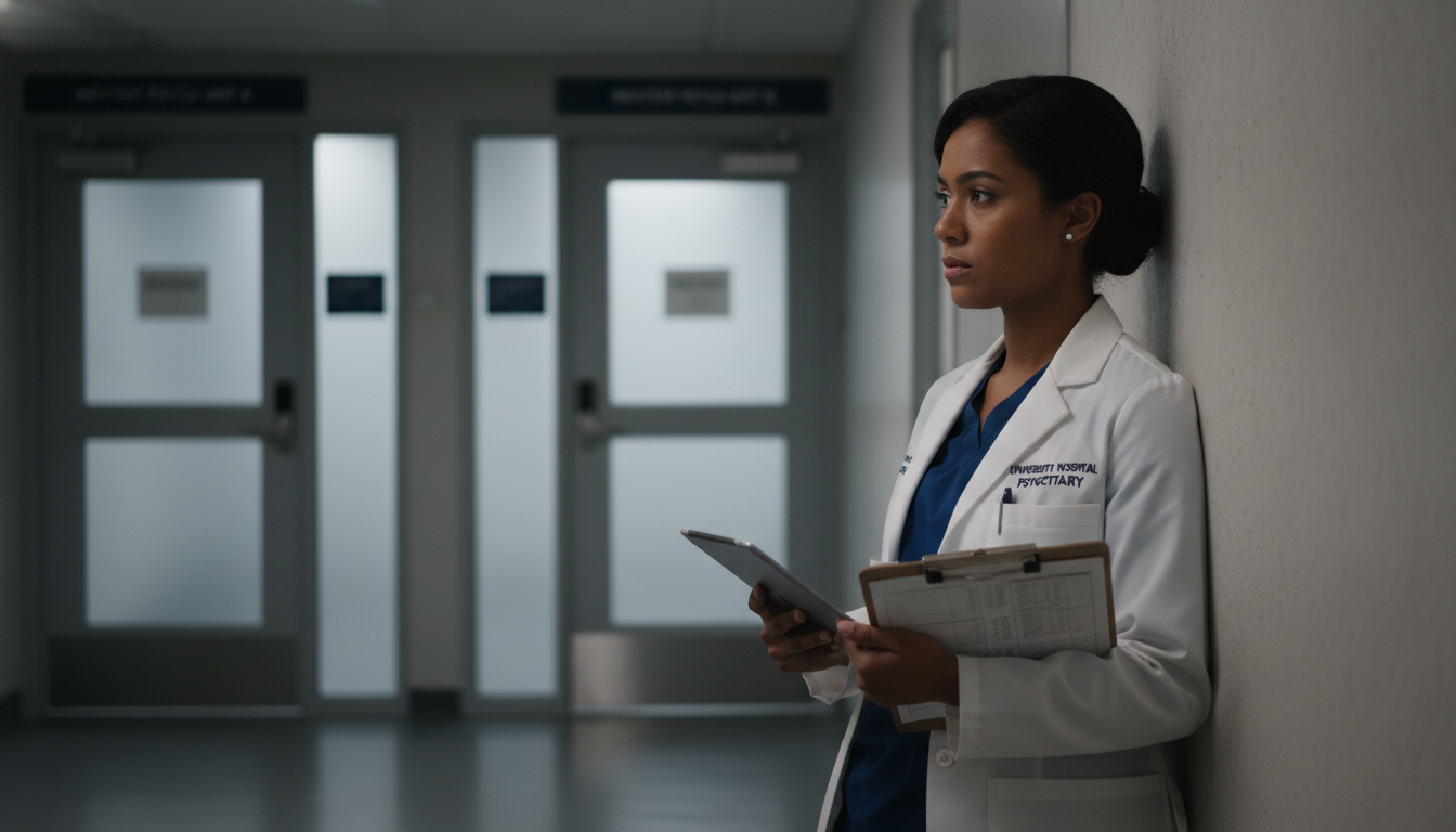 Stressed psychiatry resident reflecting in quiet hospital corridor Stressed psychiatry resident reflecting in quiet hospital corridor - US citizen IMG for Resident Turnover Warning Signs for U