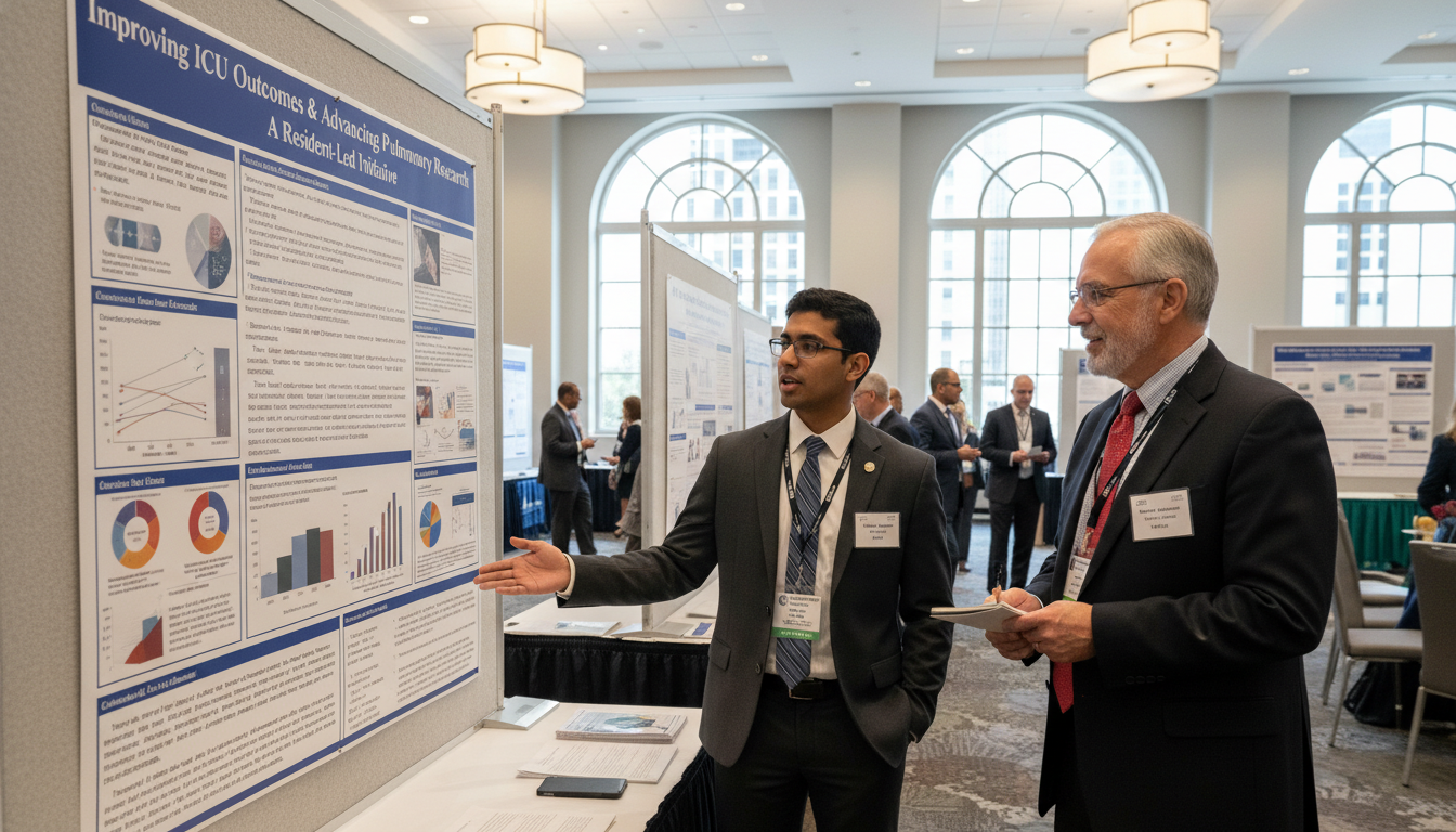 Resident presenting pulmonary and critical care research poster at conference Resident presenting pulmonary and critical care research poster at conference - US citizen IMG for Research During Residency
