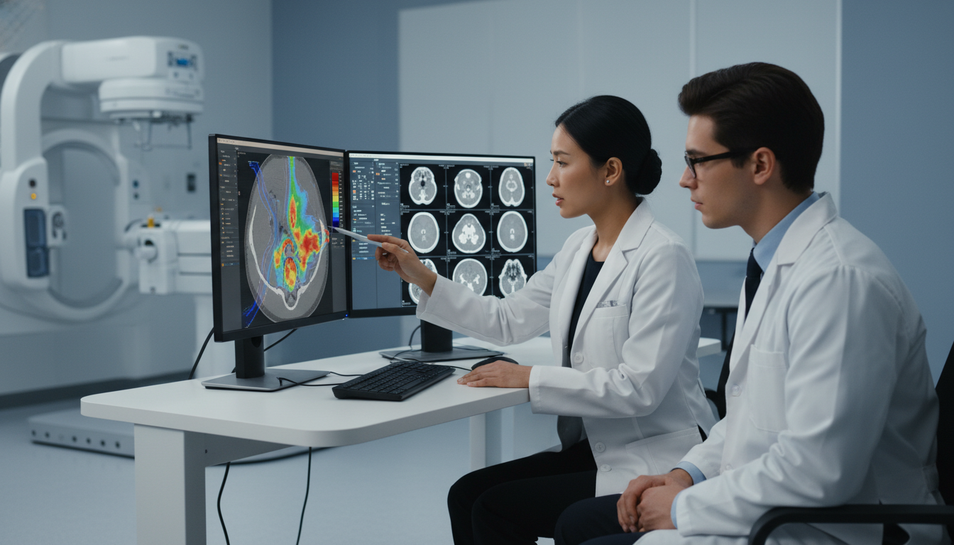 Medical student working with radiation oncologist at treatment planning workstation Medical student working with radiation oncologist at treatment planning workstation - US citizen IMG for Away Rotation Strate