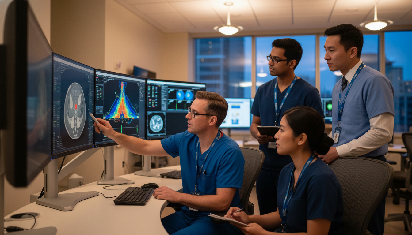 Radiation oncology resident team discussing treatment plans at a workstation - US citizen IMG for Low Step Score Strategies f