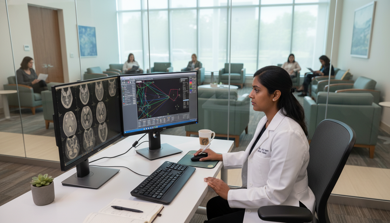 Radiation oncology resident reviewing treatment plan on computer Radiation oncology resident reviewing treatment plan on computer - US citizen IMG for Work-Life Balance Assessment for US Cit