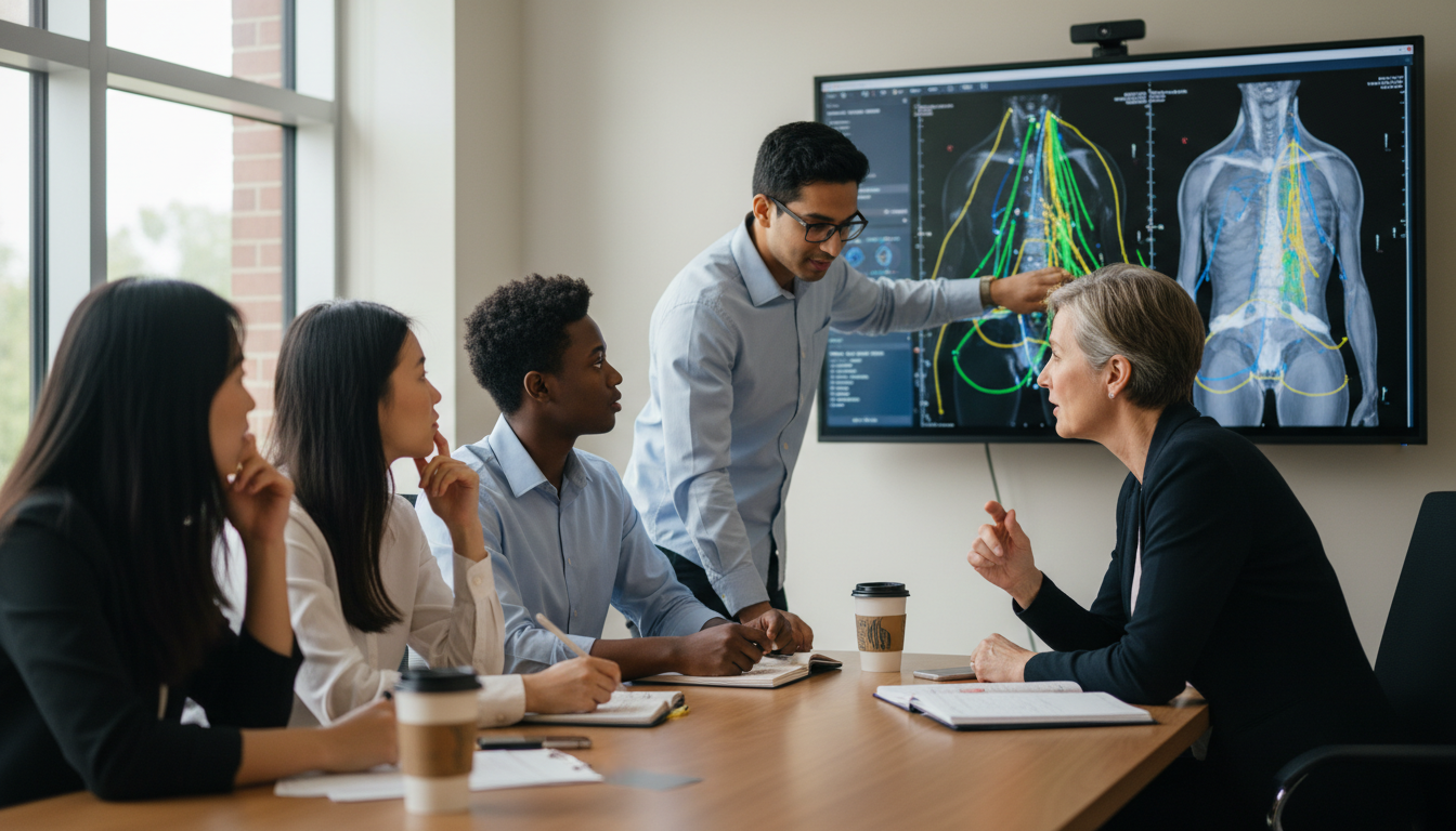 Radiation oncology team meeting that suggests collaboration and manageable lifestyle Radiation oncology team meeting that suggests collaboration and manageable lifestyle - US citizen IMG for Work-Life Balance A