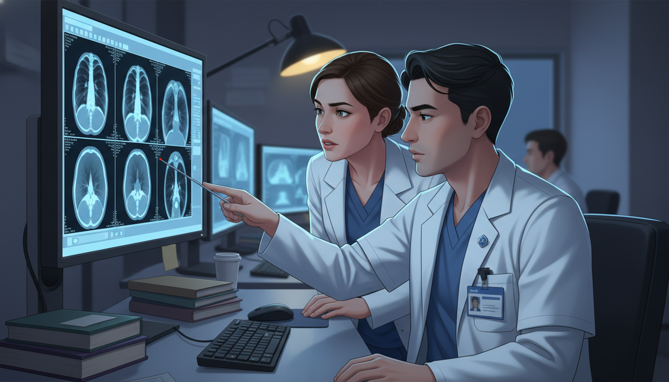 Radiology resident and medical student reviewing imaging during a clinical rotation Radiology resident and medical student reviewing imaging during a clinical rotation - US citizen IMG for Letters of Recommend