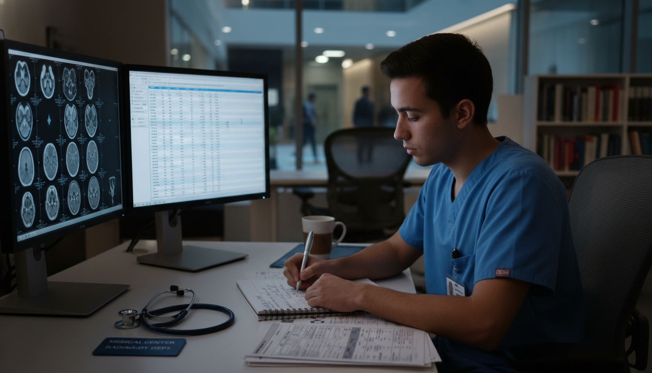 Radiology resident reviewing imaging and research data side by side Radiology resident reviewing imaging and research data side by side - US citizen IMG for Research During Residency for US Cit