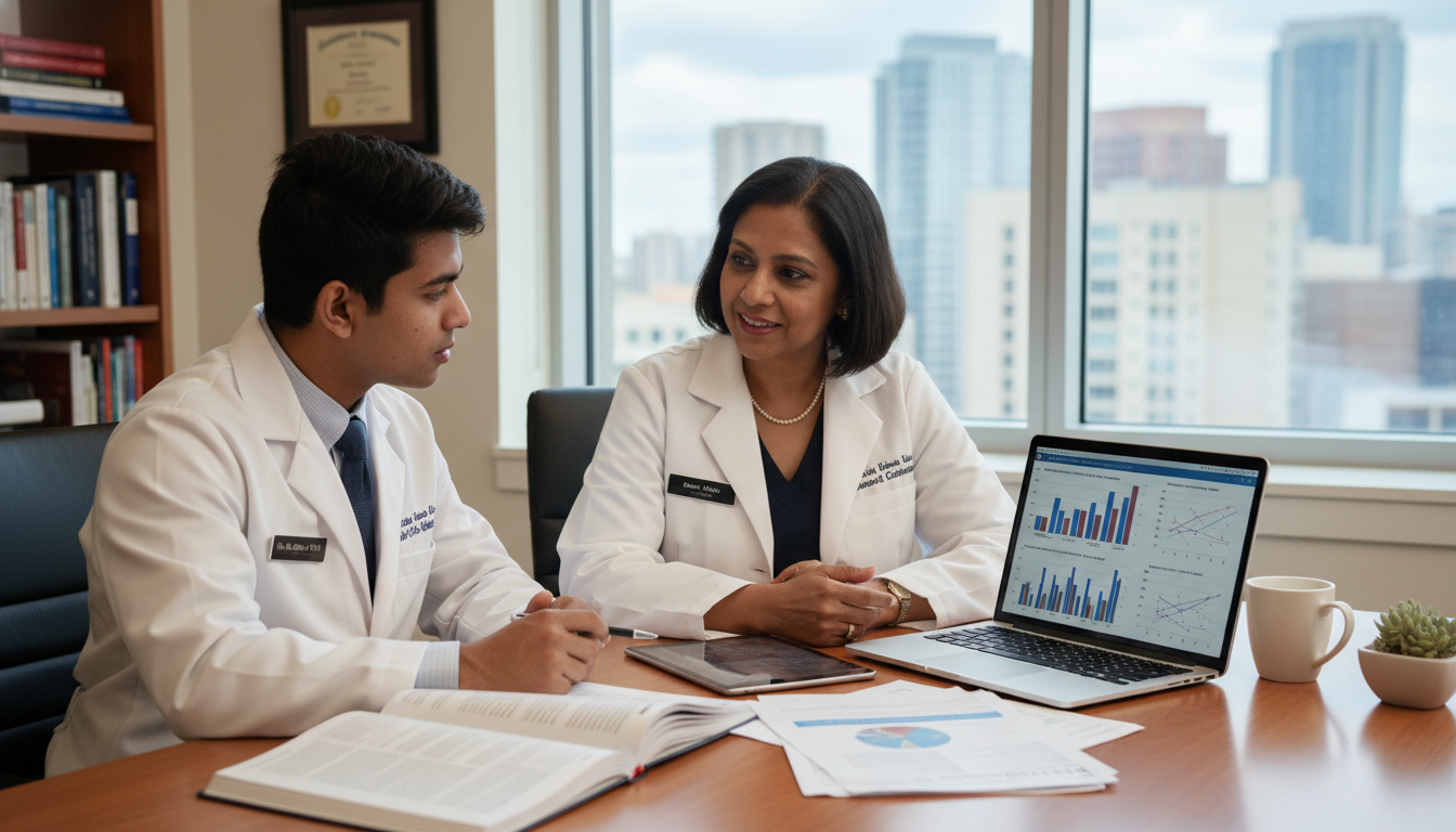 Transitional year resident working with academic mentor on a research project Transitional year resident working with academic mentor on a research project - US citizen IMG for Academic vs Private Practi