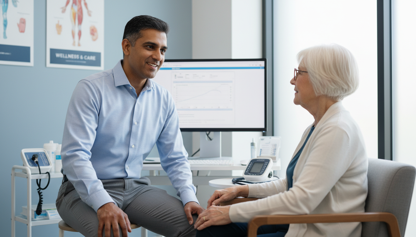 Community-based private practice physician consulting with a patient in clinic Community-based private practice physician consulting with a patient in clinic - US citizen IMG for Academic vs Private Pract