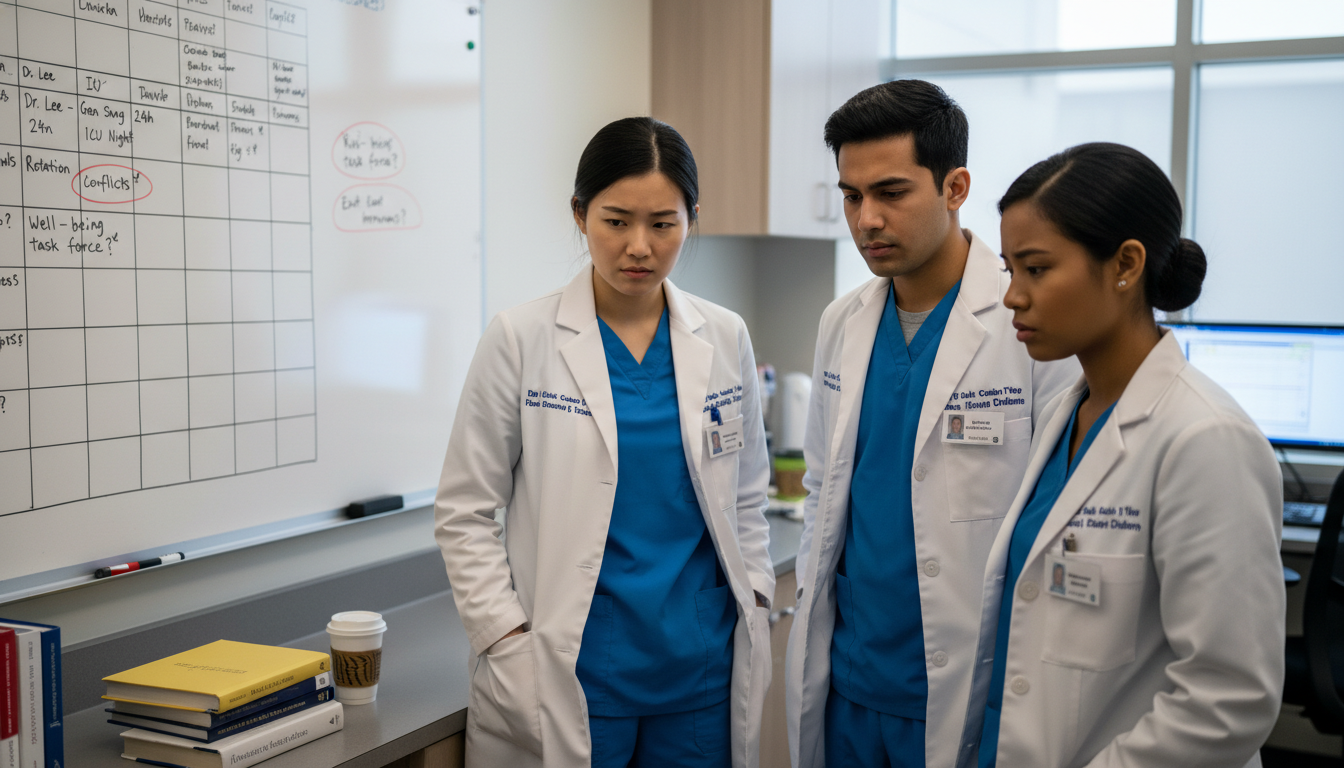 Transitional year residents discussing program workload and wellness Transitional year residents discussing program workload and wellness - US citizen IMG for Identifying Malignant Programs for