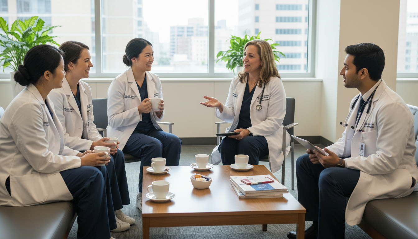 Transitional year residents networking with attendings in hospital lounge - US citizen IMG for Networking in Medicine for US