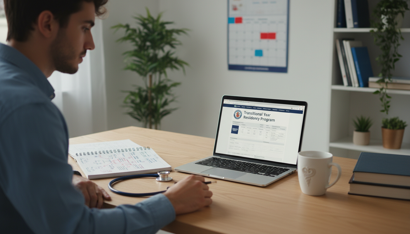 Residency applicant researching transitional year programs on a laptop Residency applicant researching transitional year programs on a laptop - US citizen IMG for Pre-Interview Preparation for US