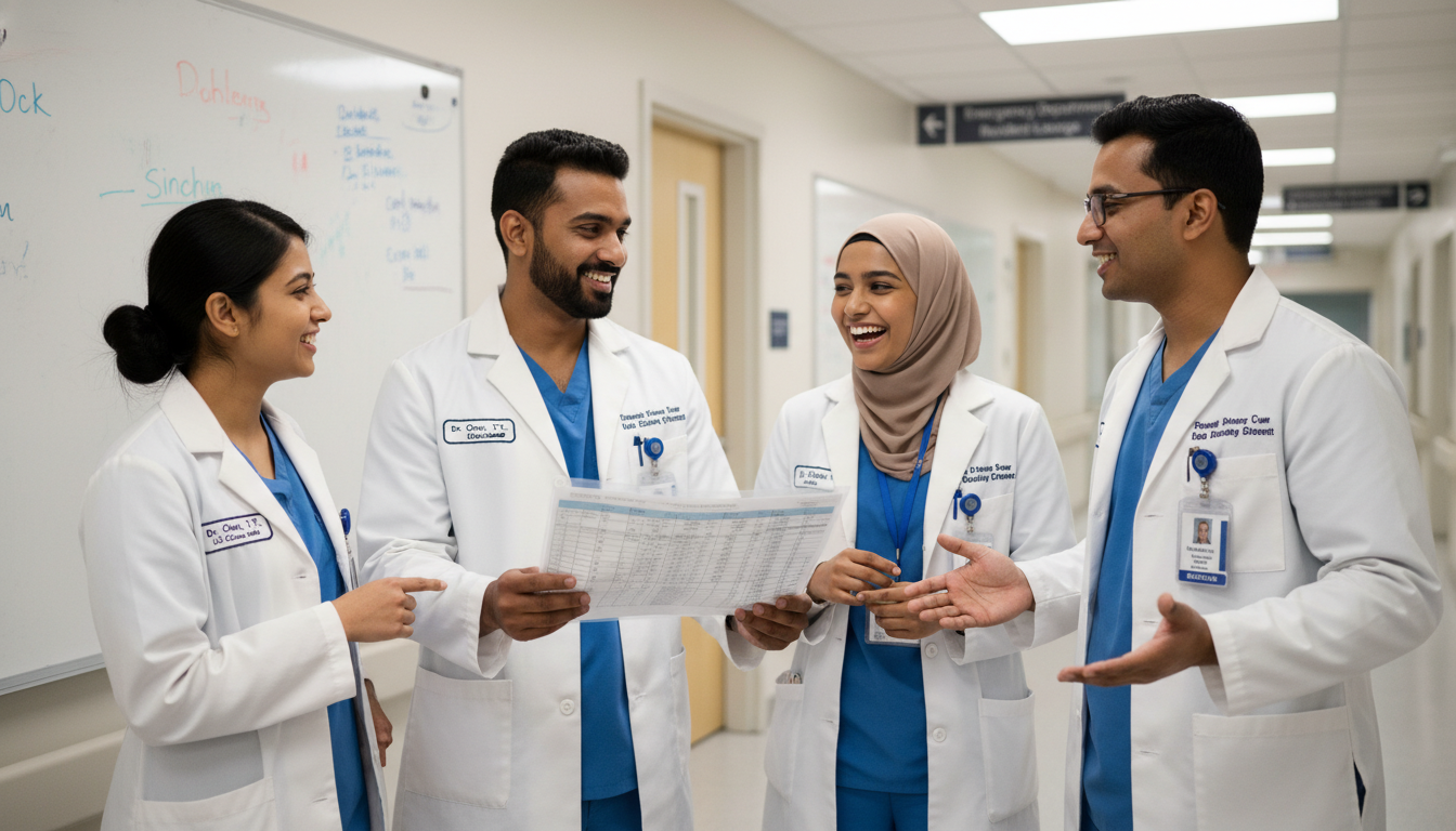 Group of transitional year residents discussing schedule and culture - US citizen IMG for Questions to Ask Programs for US Ci