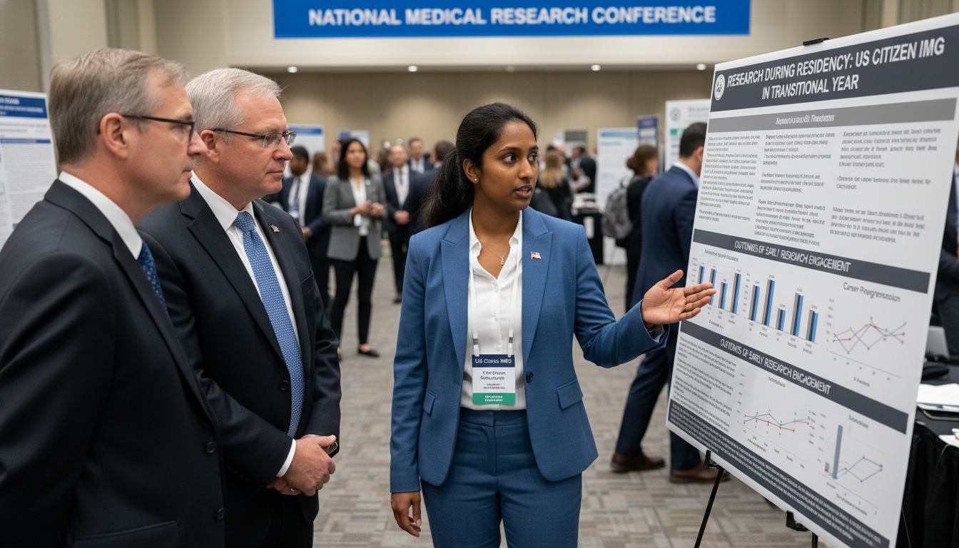 Resident presenting a research poster at a medical conference Resident presenting a research poster at a medical conference - US citizen IMG for Research During Residency for US Citizen I