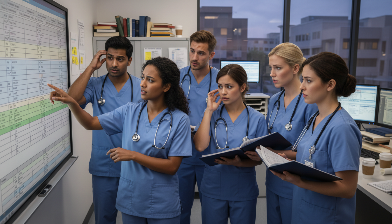 Transitional year residents reviewing call schedule and discussing workload Transitional year residents reviewing call schedule and discussing workload - US citizen IMG for Resident Turnover Warning Si