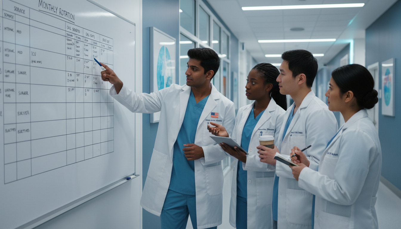 Transitional year residents reviewing schedule and discussing duty hours Transitional year residents reviewing schedule and discussing duty hours - US citizen IMG for Work-Life Balance Assessment fo