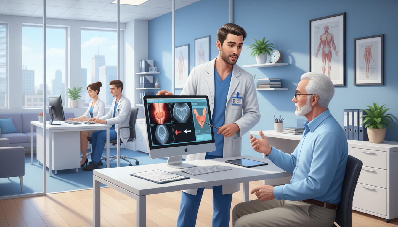 Private practice urologist consulting a patient in a modern clinic Private practice urologist consulting a patient in a modern clinic - US citizen IMG for Academic vs Private Practice for US C