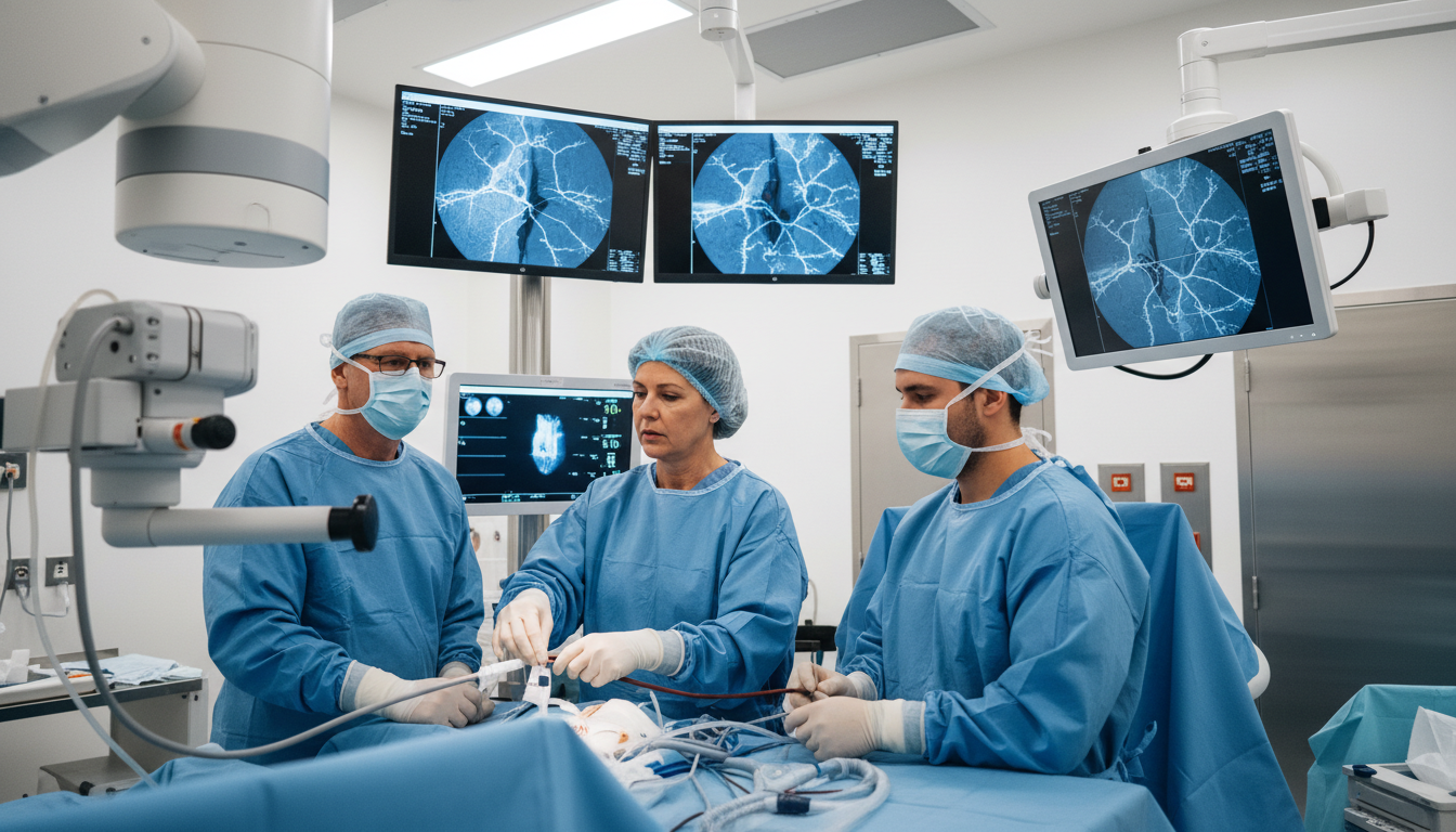 Vascular surgery team performing endovascular procedure Vascular surgery team performing endovascular procedure - US citizen IMG for Academic vs Private Practice for US Citizen IMG