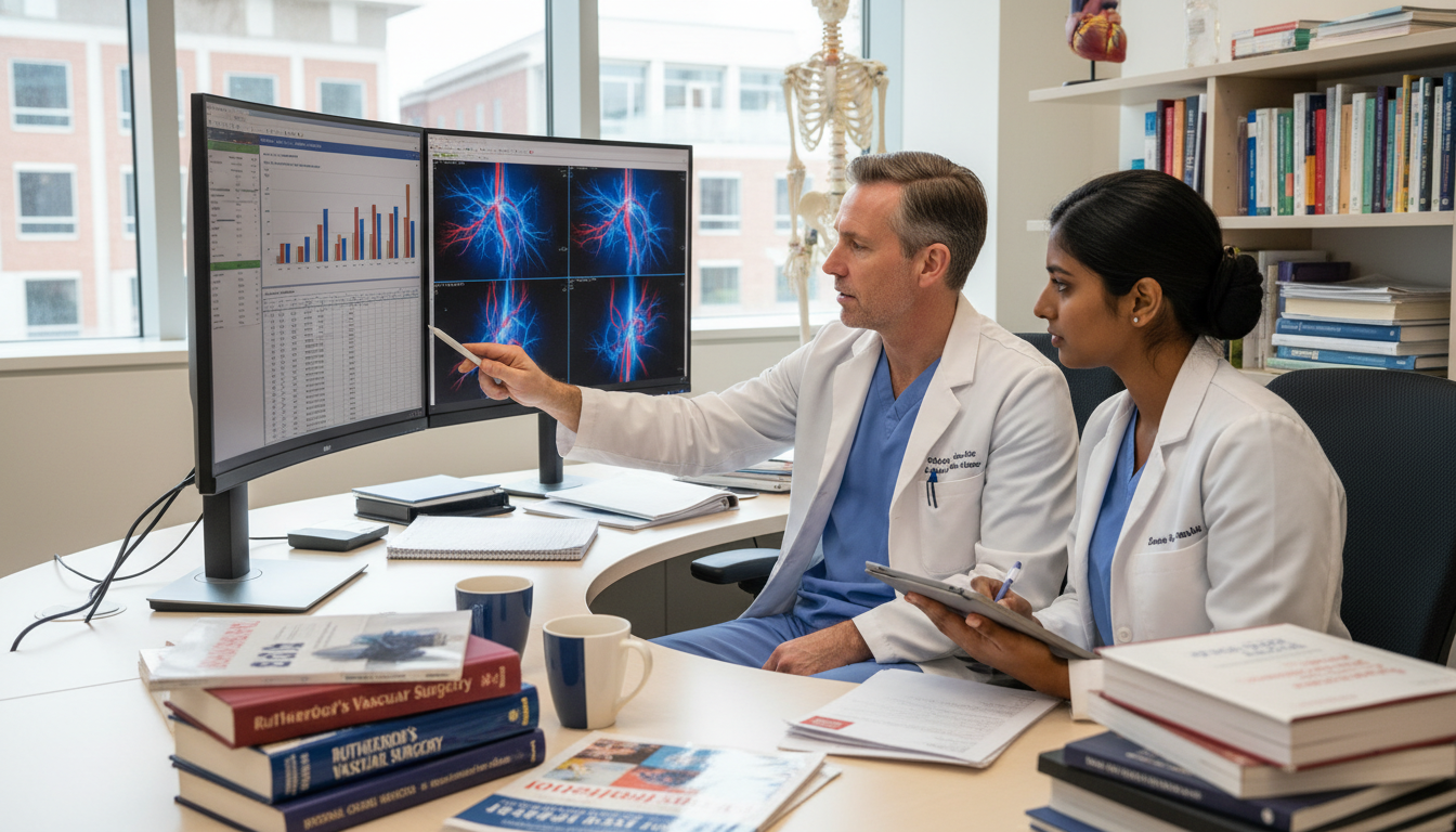 Vascular surgeon reviewing research data with a trainee Vascular surgeon reviewing research data with a trainee - US citizen IMG for Academic vs Private Practice for US Citizen IMG