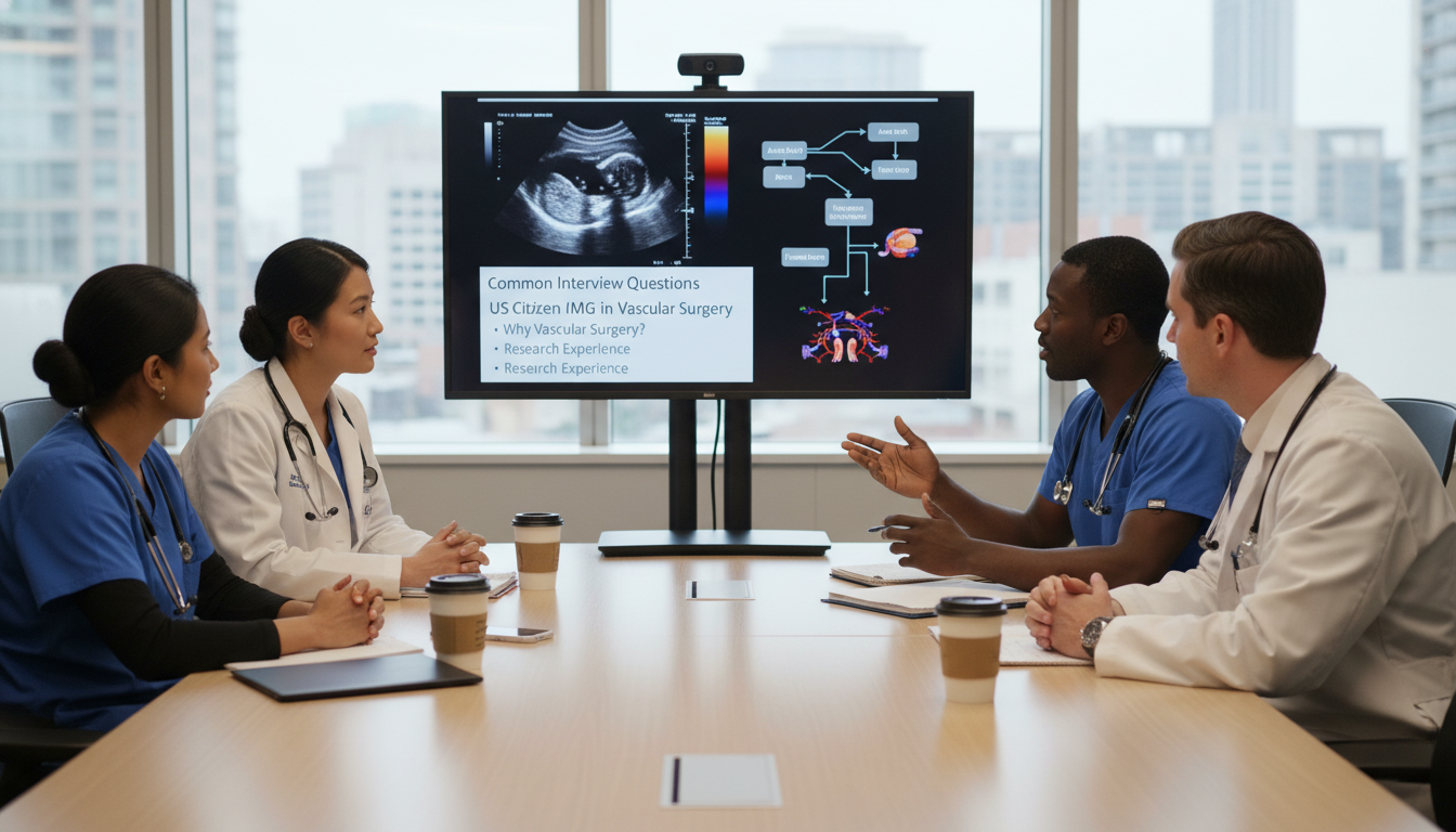 Vascular surgery residents discussing cases and interview preparation - US citizen IMG for Common Interview Questions for US