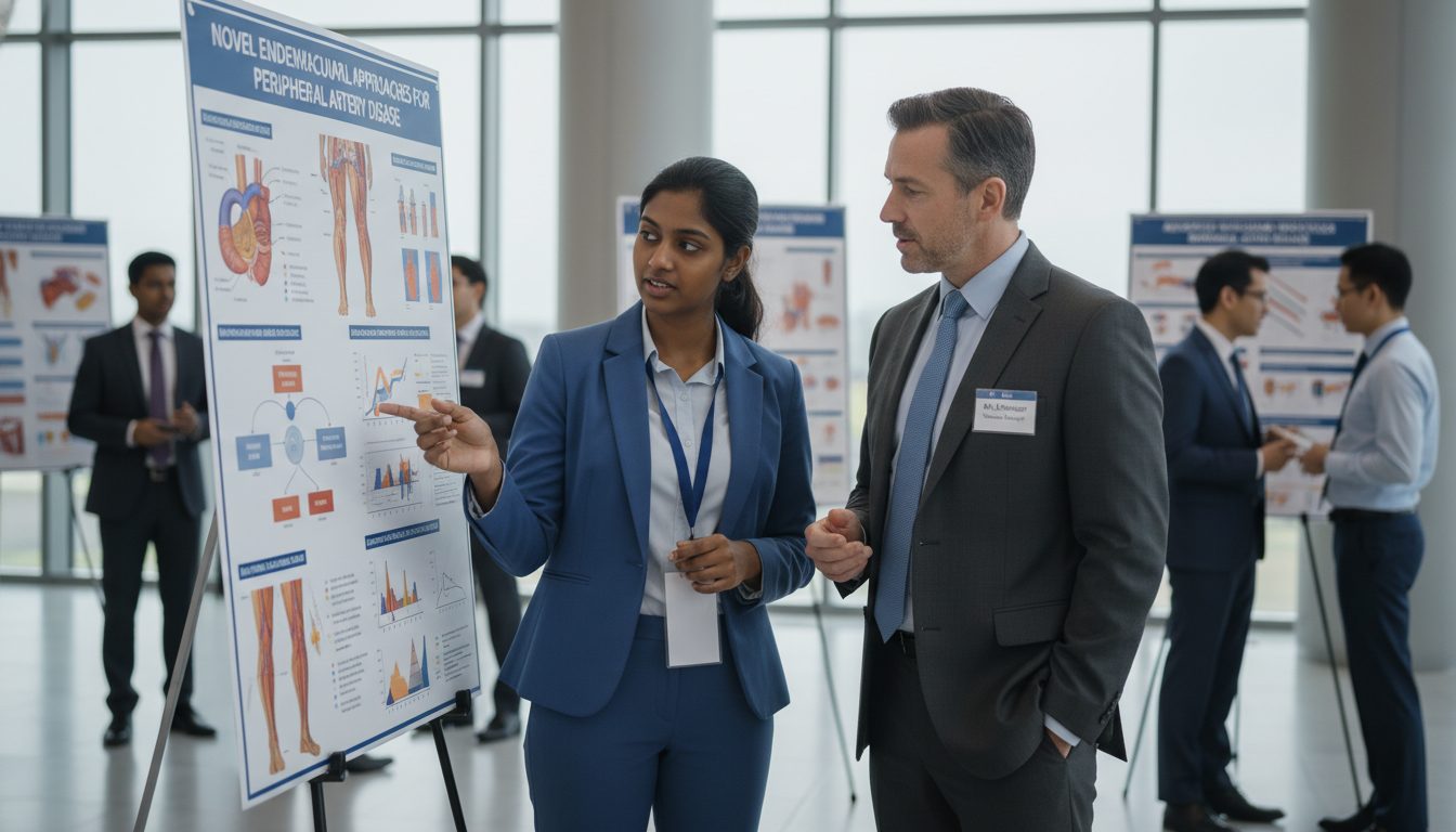 Medical student discussing a vascular surgery research poster with an attending at a conference - US citizen IMG for Networki