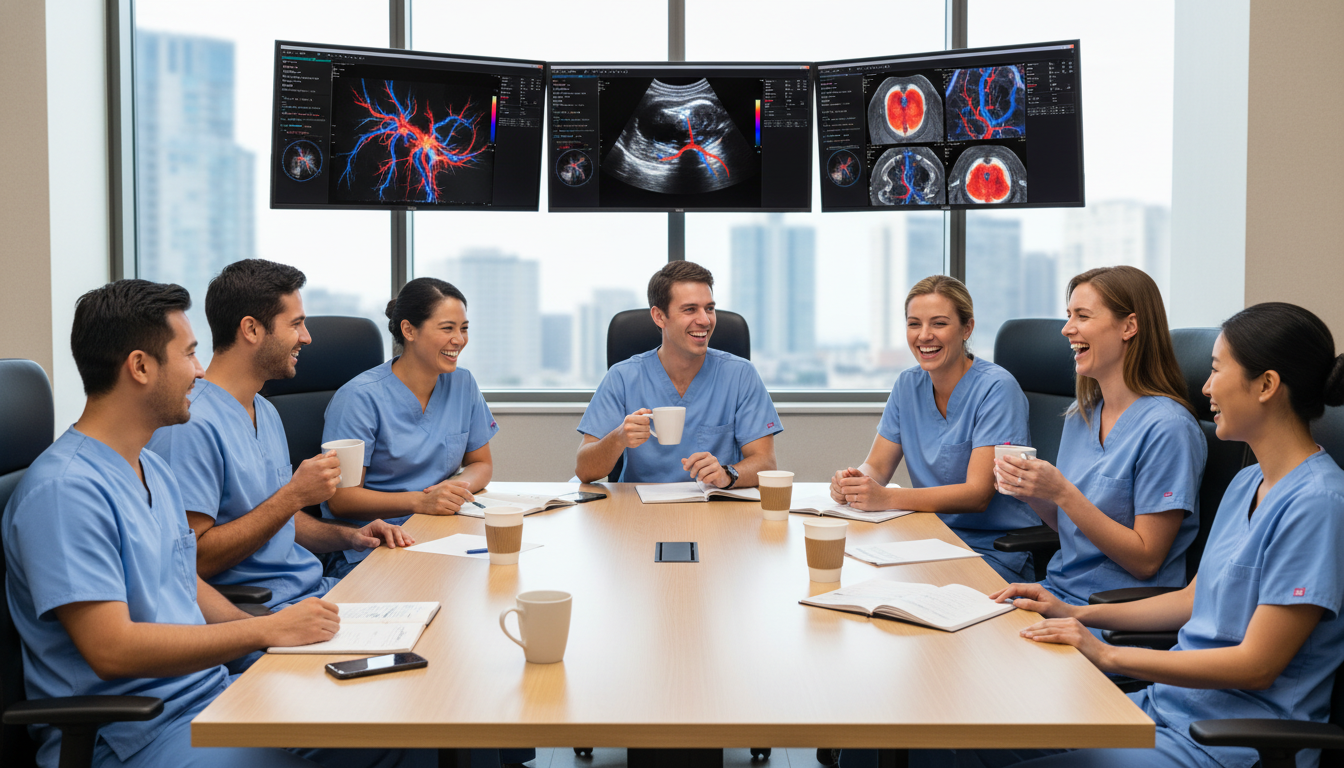 Vascular surgery residents discussing program culture during a break Vascular surgery residents discussing program culture during a break - US citizen IMG for Questions to Ask Programs for US Ci