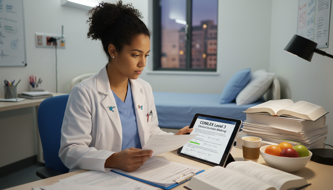 Resident doctor practicing clinical decision-making for COMLEX Level 3 Resident doctor practicing clinical decision-making for COMLEX Level 3 - Caribbean medical school residency for COMLEX Level