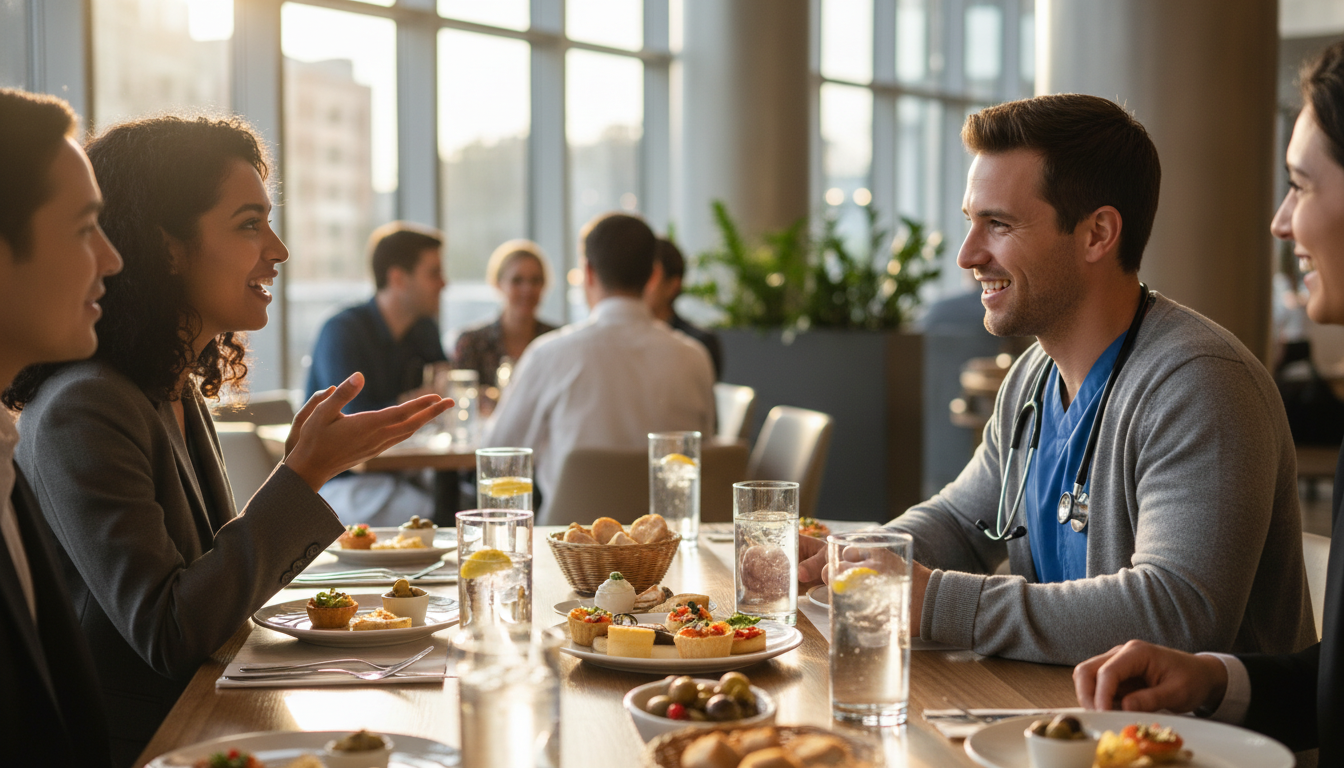 Residency applicants and residents talking at a pre-interview dinner Residency applicants and residents talking at a pre-interview dinner - Caribbean medical school residency for Pre-Interview D