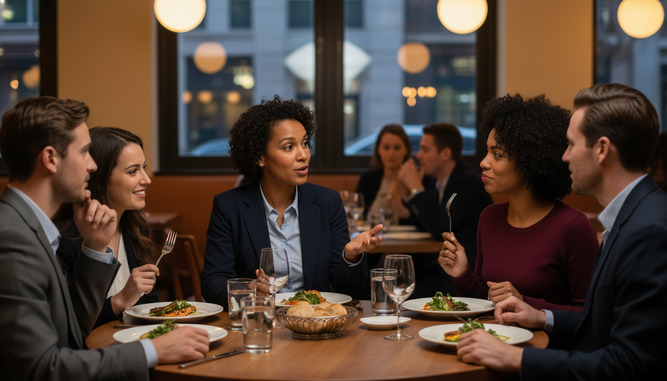 Caribbean IMG confidently engaging at residency pre-interview dinner Caribbean IMG confidently engaging at residency pre-interview dinner - Caribbean medical school residency for Pre-Interview D