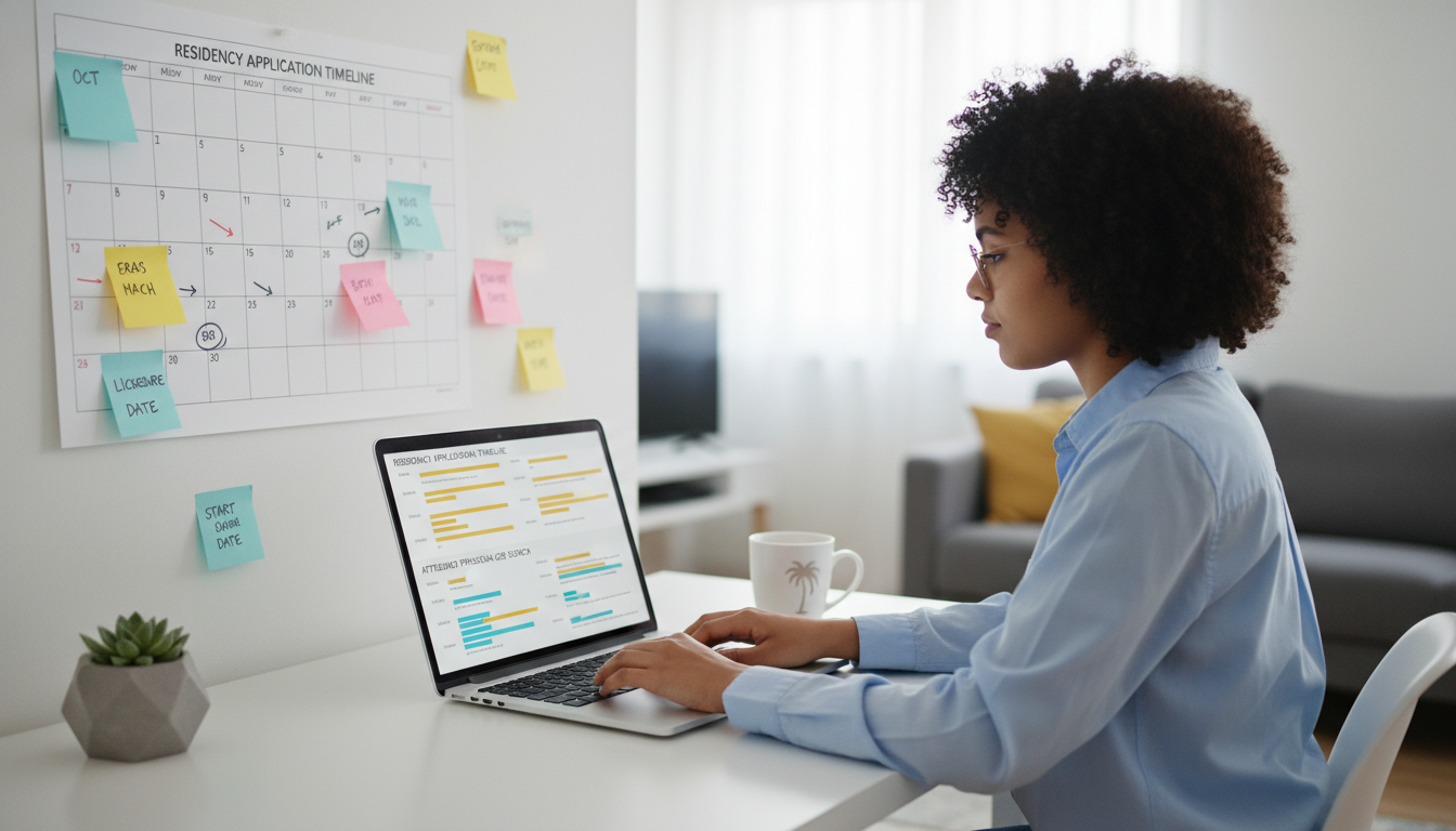 Caribbean IMG reviewing job options on laptop timeline Caribbean IMG reviewing job options on laptop timeline - Caribbean medical school residency for Job Search Timing Strategies