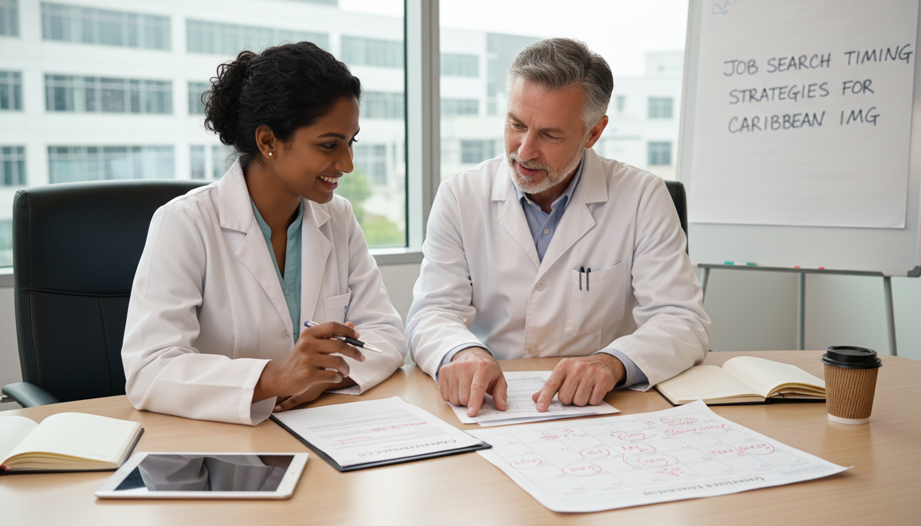 Caribbean IMG physician discussing contract and timing with mentor Caribbean IMG physician discussing contract and timing with mentor - Caribbean medical school residency for Job Search Timing