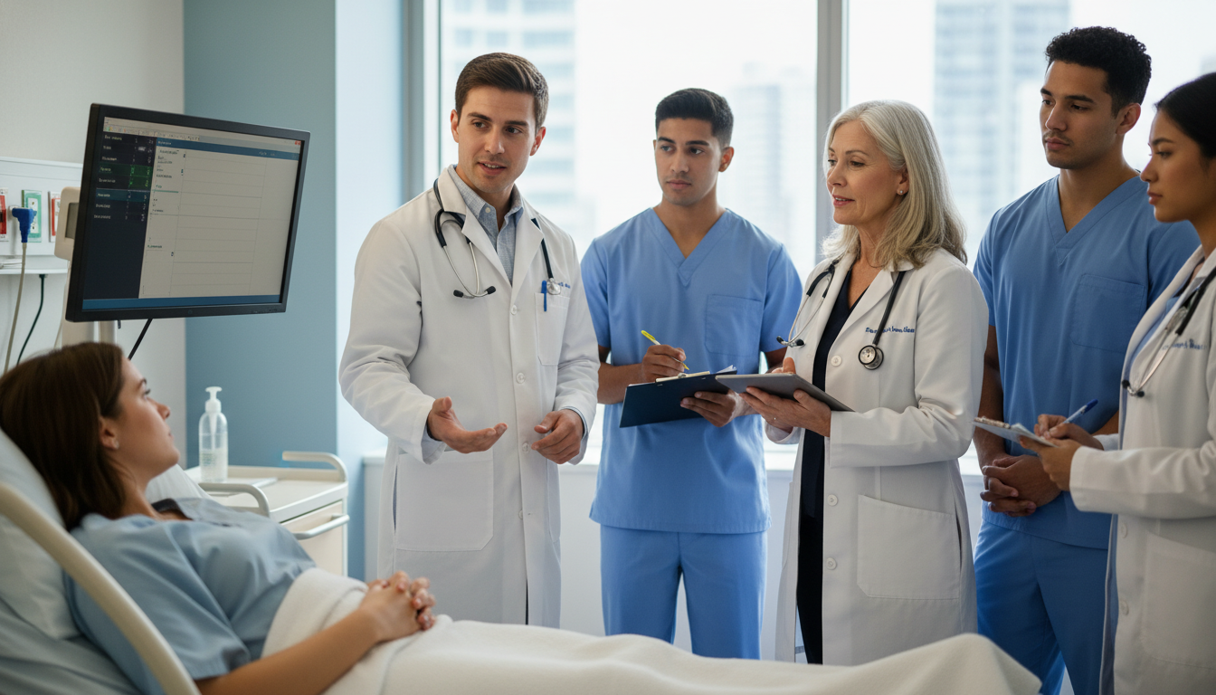 Medical student working closely with attending physician on hospital rounds Medical student working closely with attending physician on hospital rounds - Caribbean medical school residency for Letters