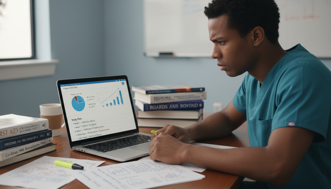 Caribbean IMG studying for Step 2 CK with performance data on laptop - Caribbean medical school residency for Low Step Score