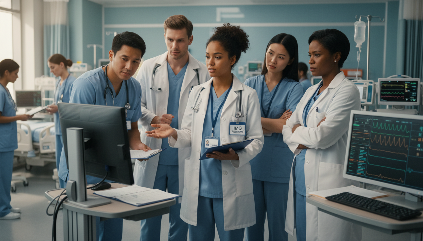 Residents in a busy hospital ward discussing patient care Residents in a busy hospital ward discussing patient care - Caribbean medical school residency for Identifying Malignant Prog