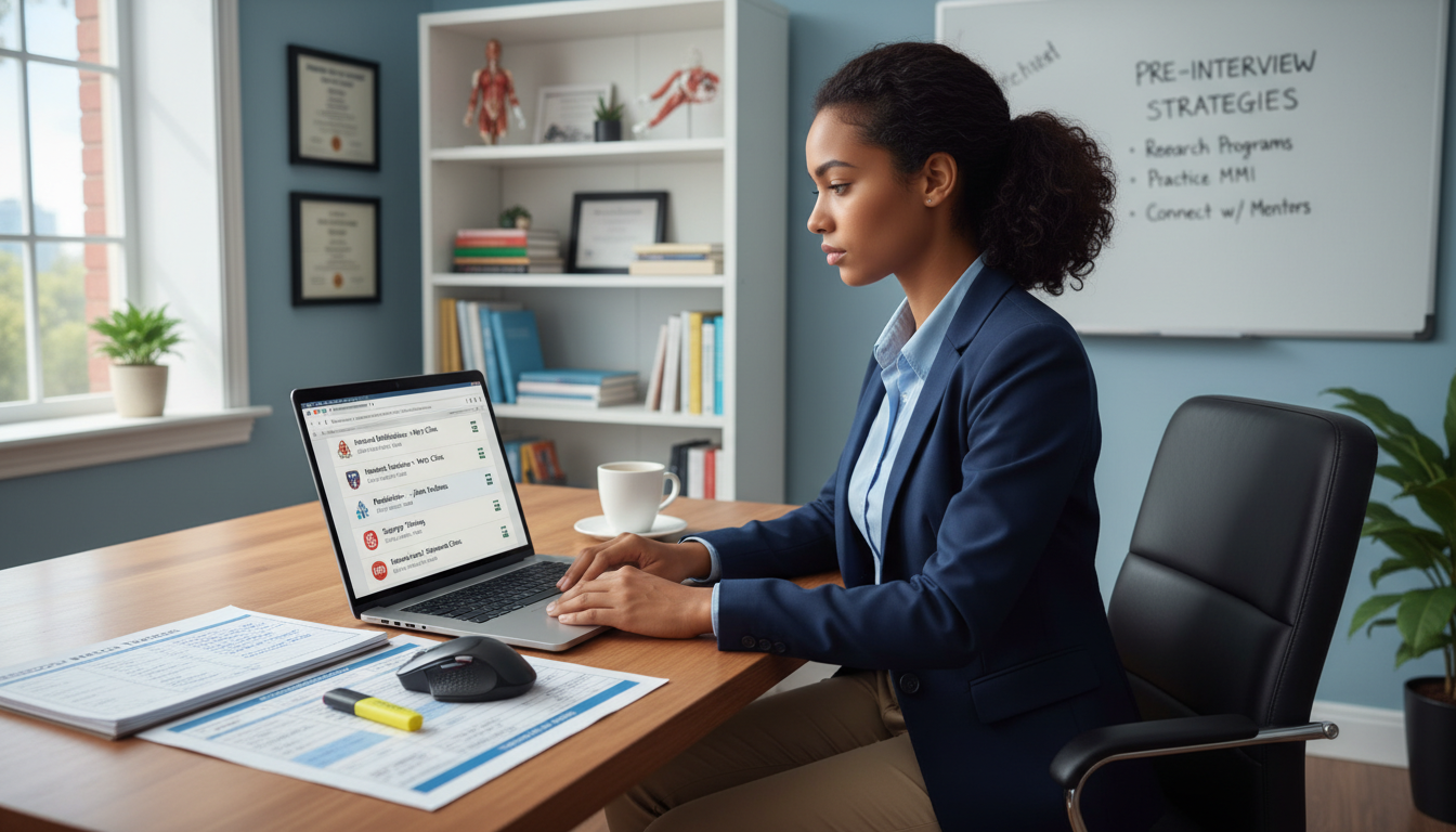 Caribbean IMG researching residency programs at a desk - Caribbean medical school residency for Pre-Interview Preparation Str
