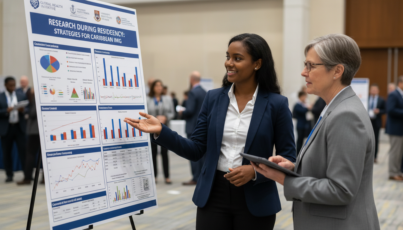 Resident presenting a research poster at a medical conference - Caribbean medical school residency for Research During Reside